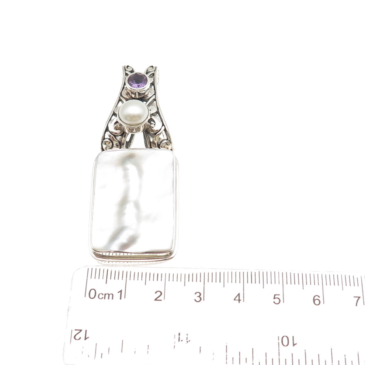 925 Sterling Silver Vintage Real MOP Pearl & Amethyst Floral Slide Pendant
