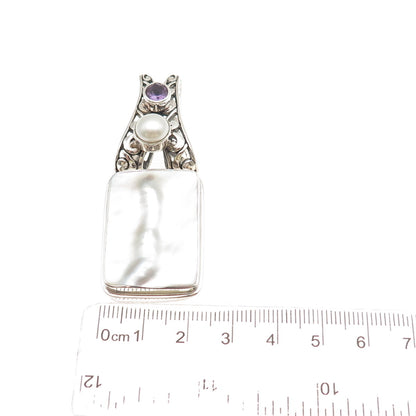 925 Sterling Silver Vintage Real MOP Pearl & Amethyst Floral Slide Pendant