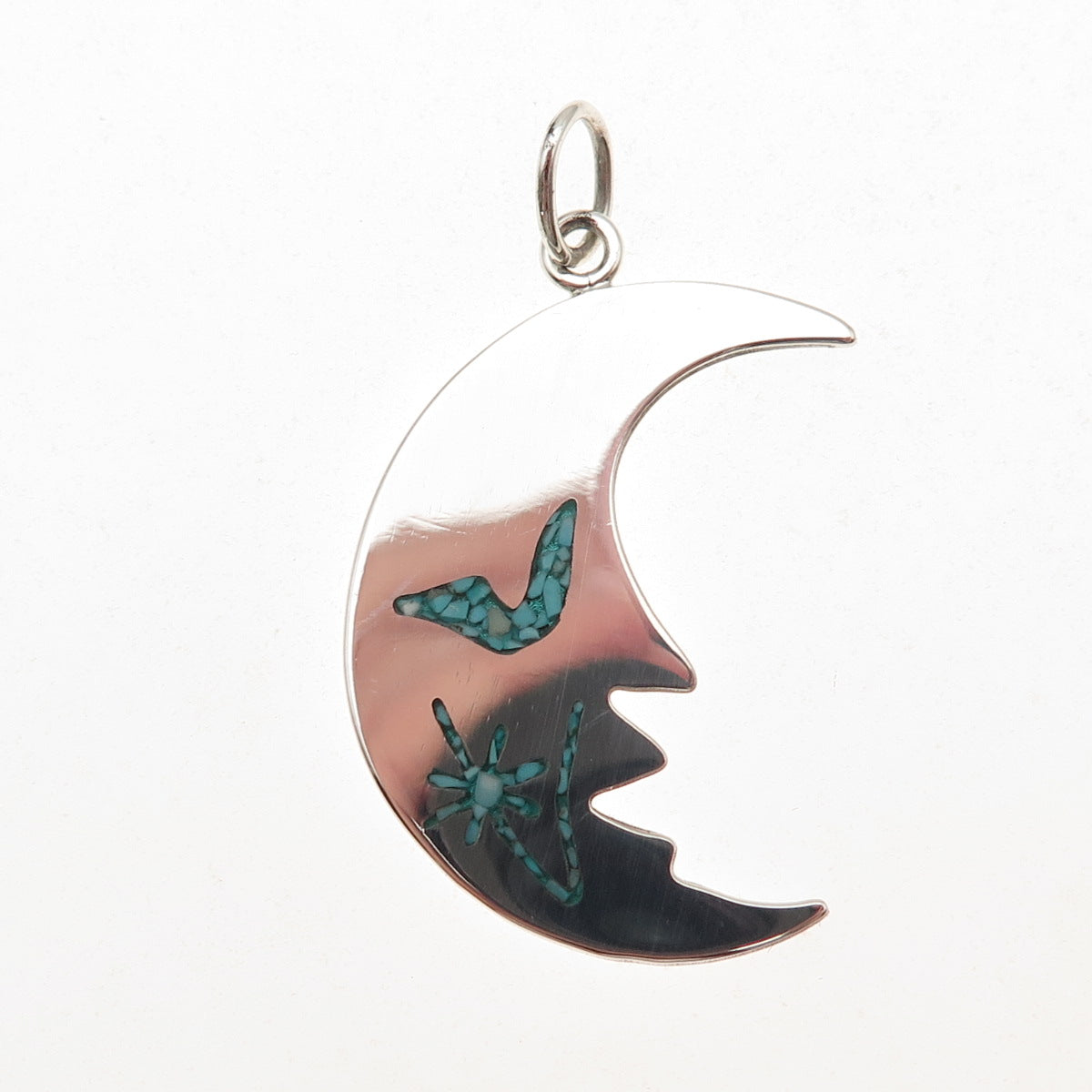 925 Sterling Silver Vintage Real Turquoise Inlay Crescent Charm Pendant