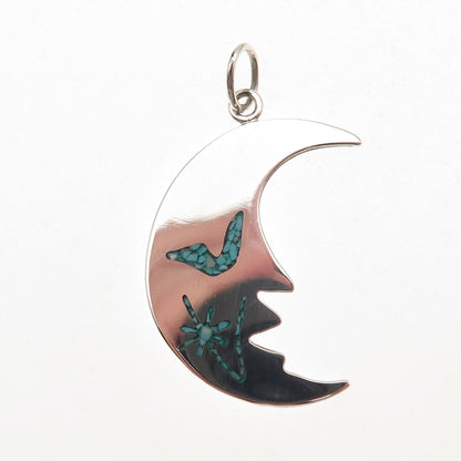 925 Sterling Silver Vintage Real Turquoise Inlay Crescent Charm Pendant