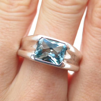 925 Sterling Silver Vintage Real Blue Topaz Modernist Ring Size 9.25
