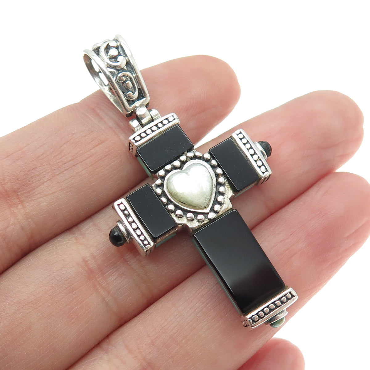 925 Sterling Silver Vintage MOP Black Onyx Turquoise Cross Dual Sided Pendant