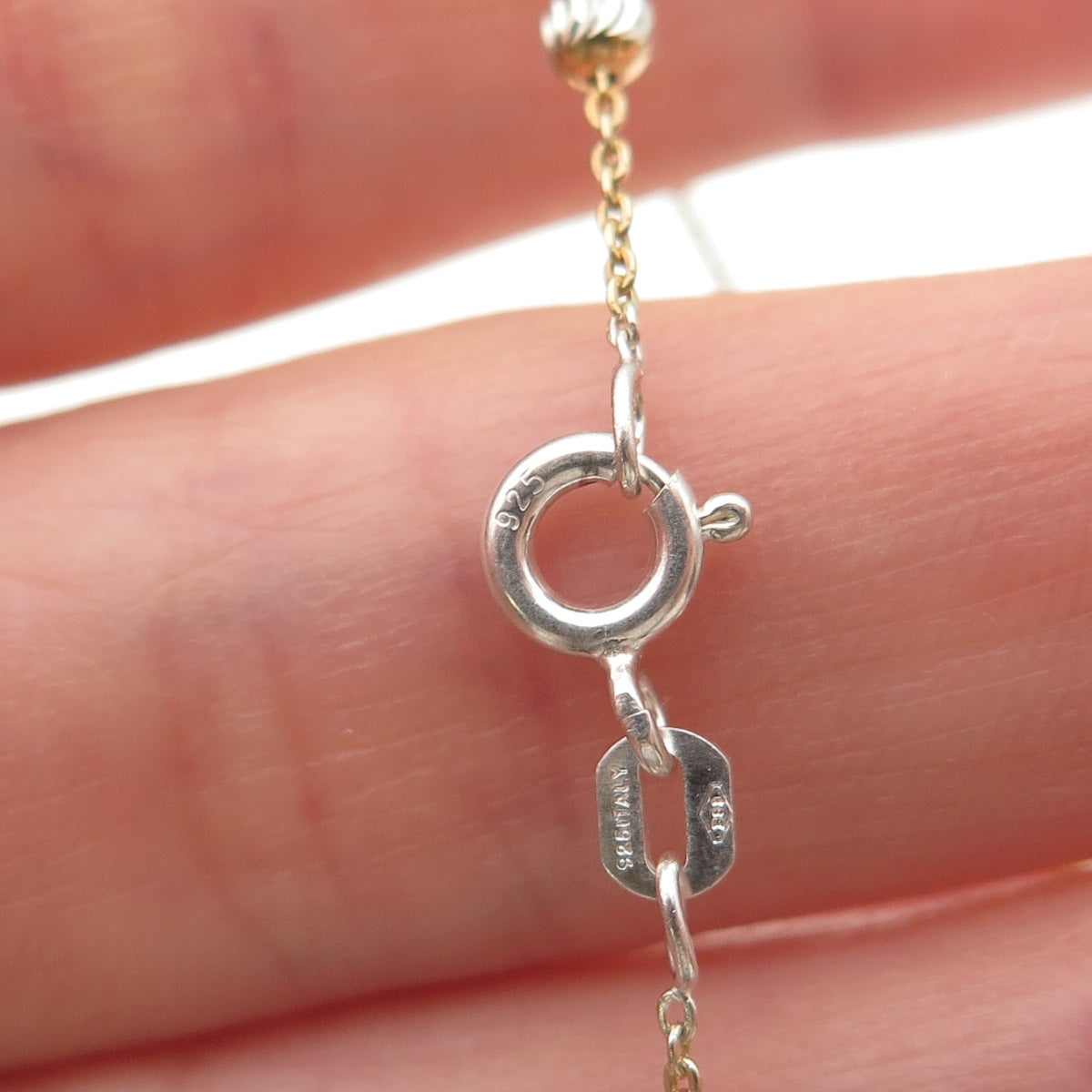 925 Sterling Silver 2-Tone Diamond-Cut Bead Station Cable Link Bracelet 7"
