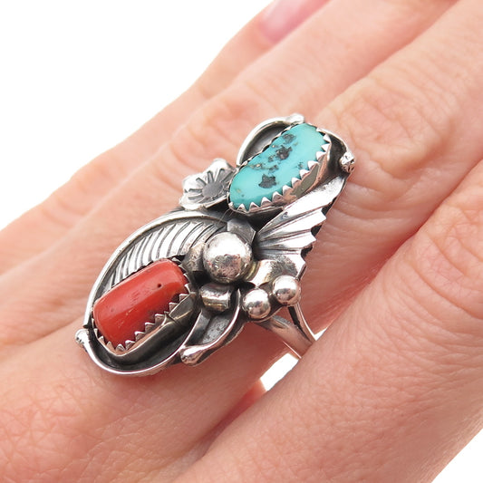 Angela Lee Navajo Old Pawn Sterling Silver Vintage Turquoise Coral Ring Size 8