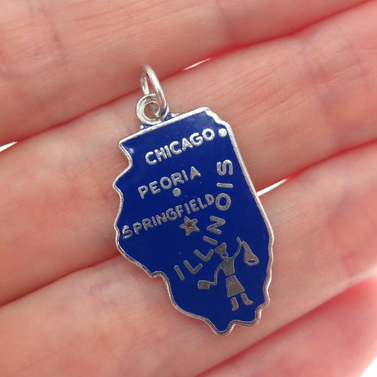 925 Sterling Silver Vintage Enamel Illinois State Map Charm Pendant
