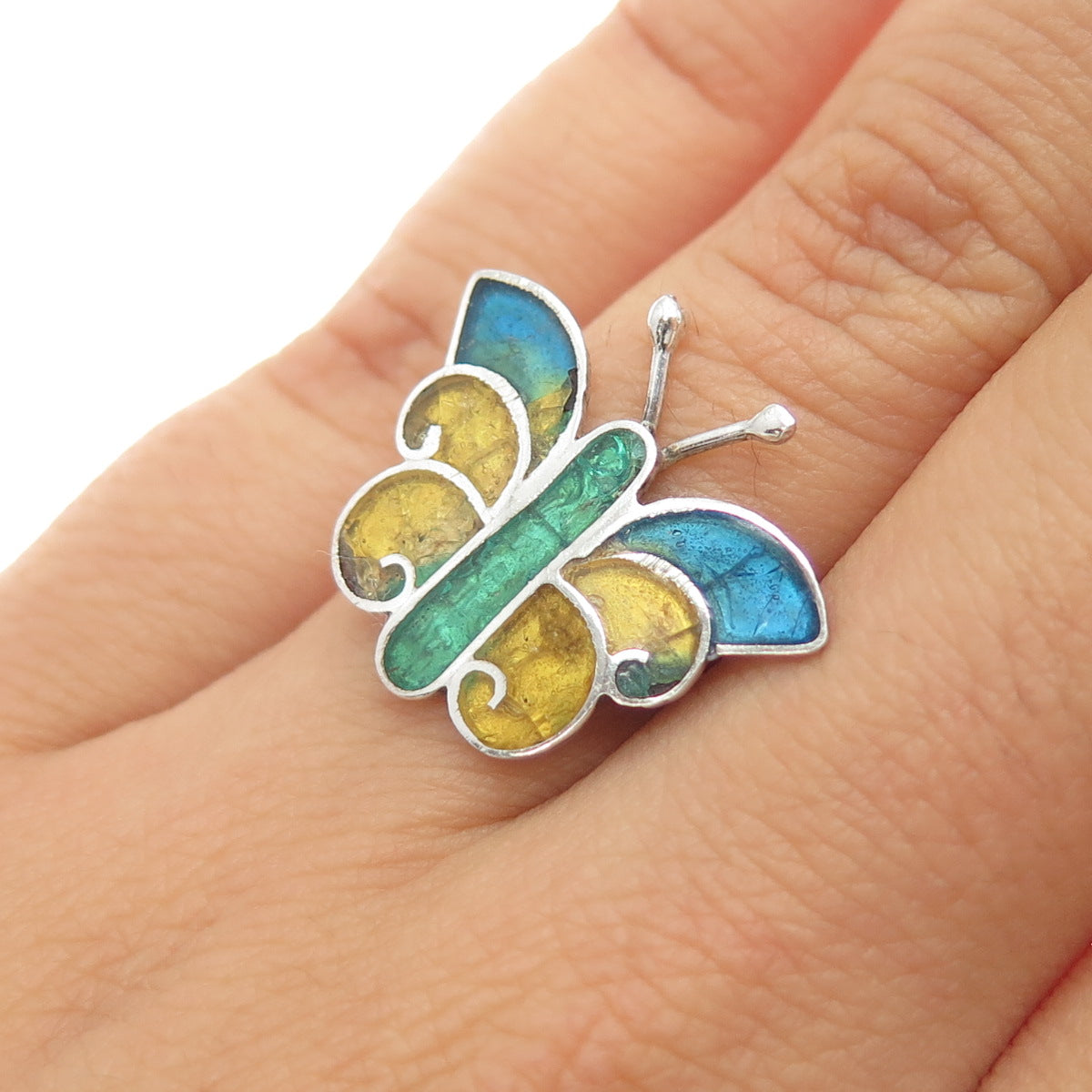 925 Sterling Silver Vintage Mexico Enamel Butterfly Ring Size 5.75