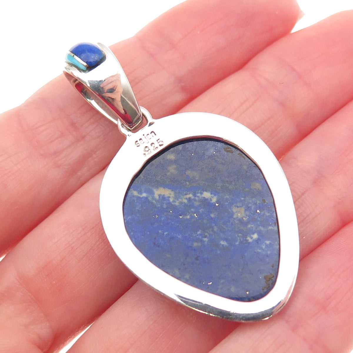 SAJEN 925 Sterling Silver Vintage Real Lapis Opal Turquoise Modernist Pendant