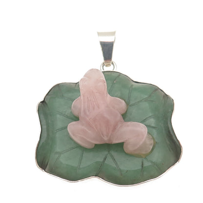OBSIDIAN 925 Sterling Vintage Real Rose Quartz & Jade Frog Large 59.8g Pendant