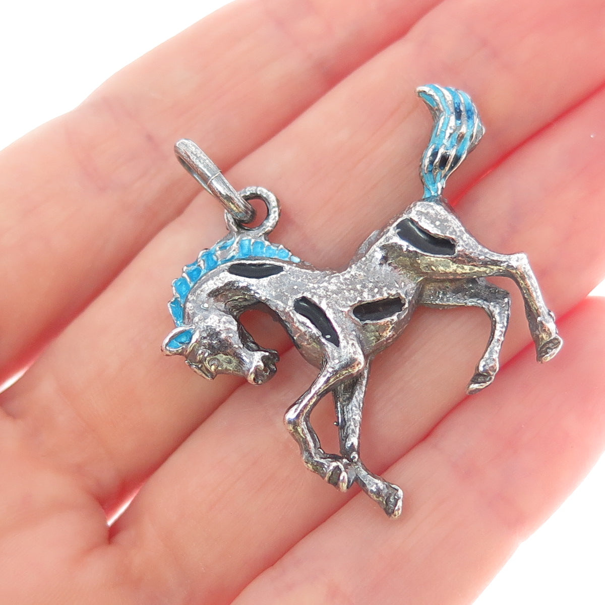 925 Sterling Silver Vintage Italy Enamel Horse Oxidized Charm Pendant