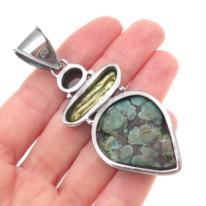 925 Sterling Silver Vintage Real Turquoise Pearl Tourmaline & Peridot Pendant