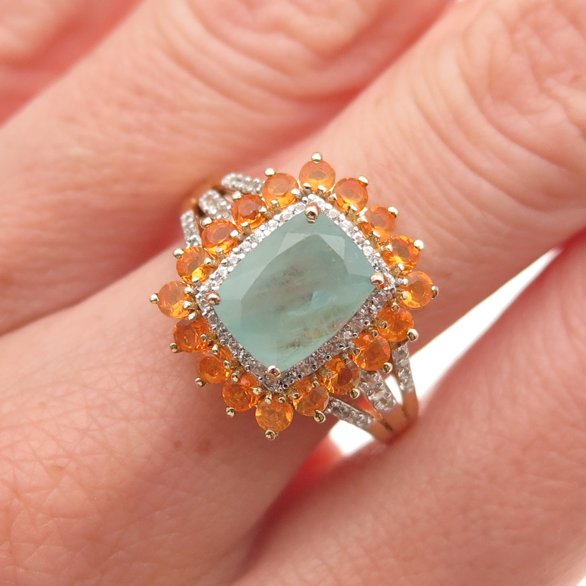 D'Joy Sterling Silver Gold Plated Real Aquamarine Citrine & Topaz Ring Size 8.25
