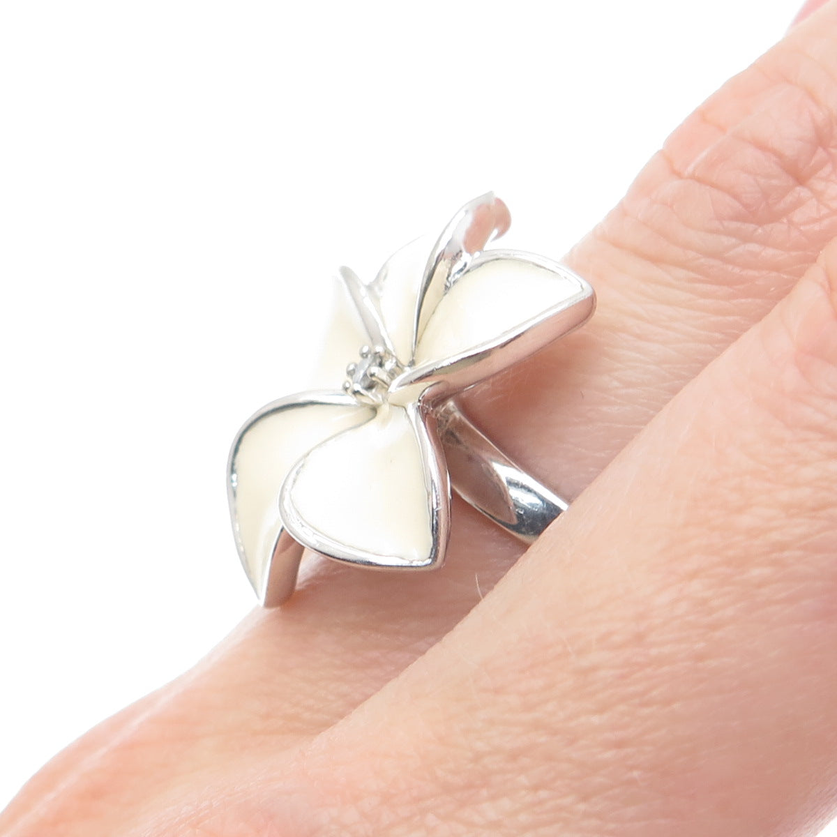 925 Sterling Silver Enamel Real Diamond Hawaiian Plumeria Flower Ring Size 7