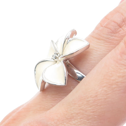 925 Sterling Silver Enamel Real Diamond Hawaiian Plumeria Flower Ring Size 7