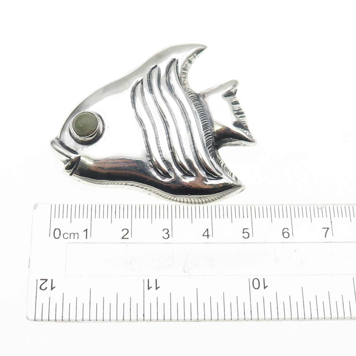 925 Sterling Silver Vintage Mexico Real Aventurine Fish Oxidized Pin Brooch