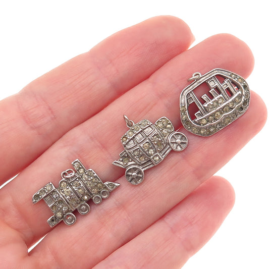 925 Sterling Antique Rhinestone Carriage Ship Train Pendants (missing 12 stones)