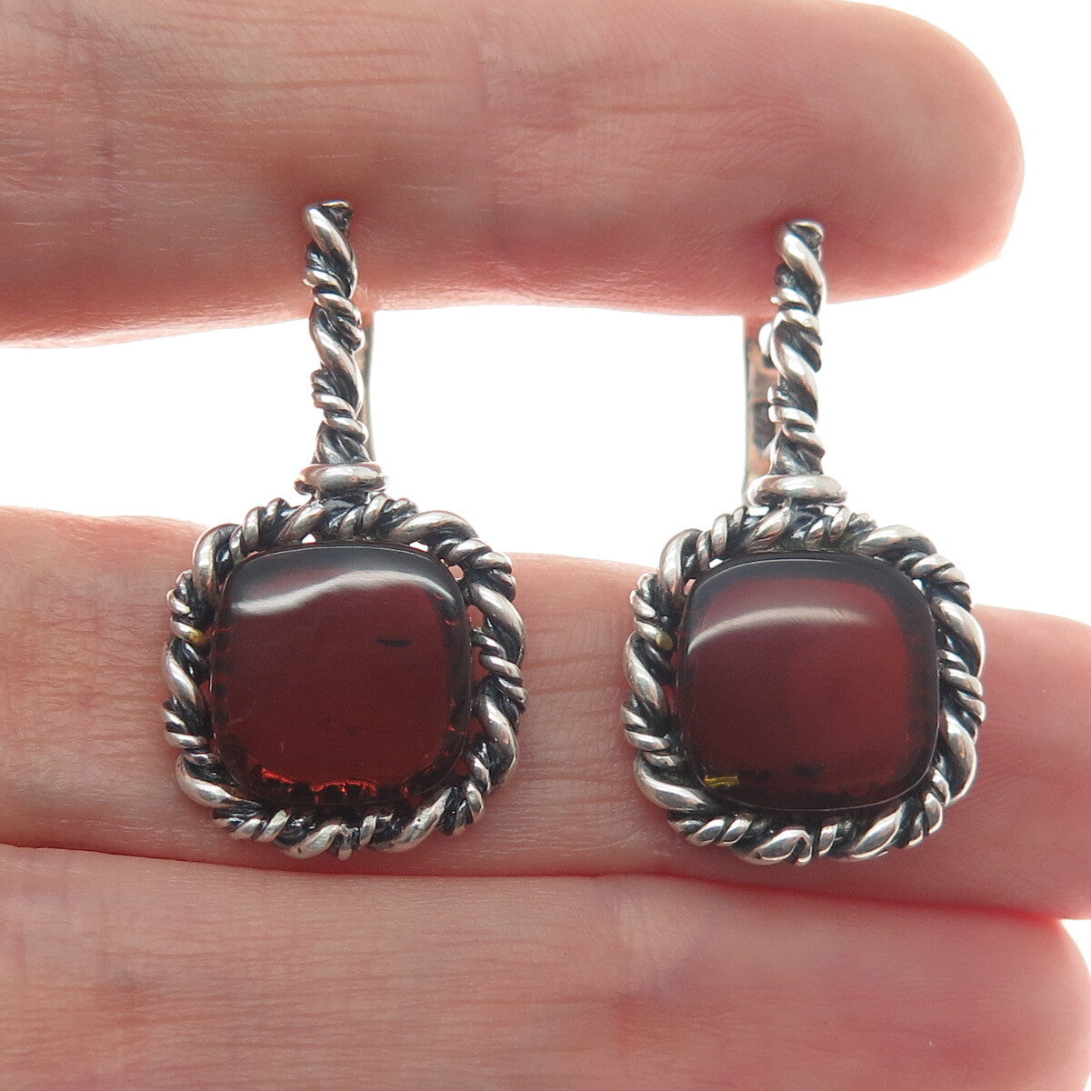 925 Sterling Silver Vintage Real Amber Roped Oxidized Earrings