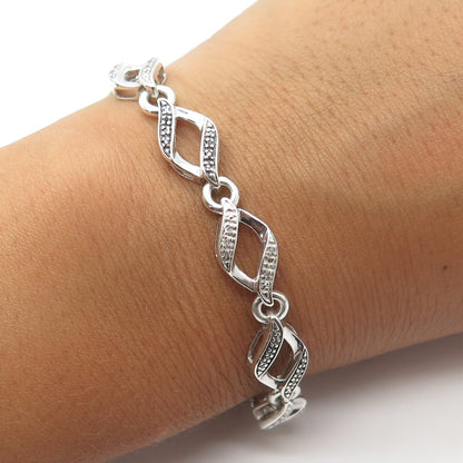 925 Sterling Silver Real White Diamond Twisted Link Bracelet 7.25"