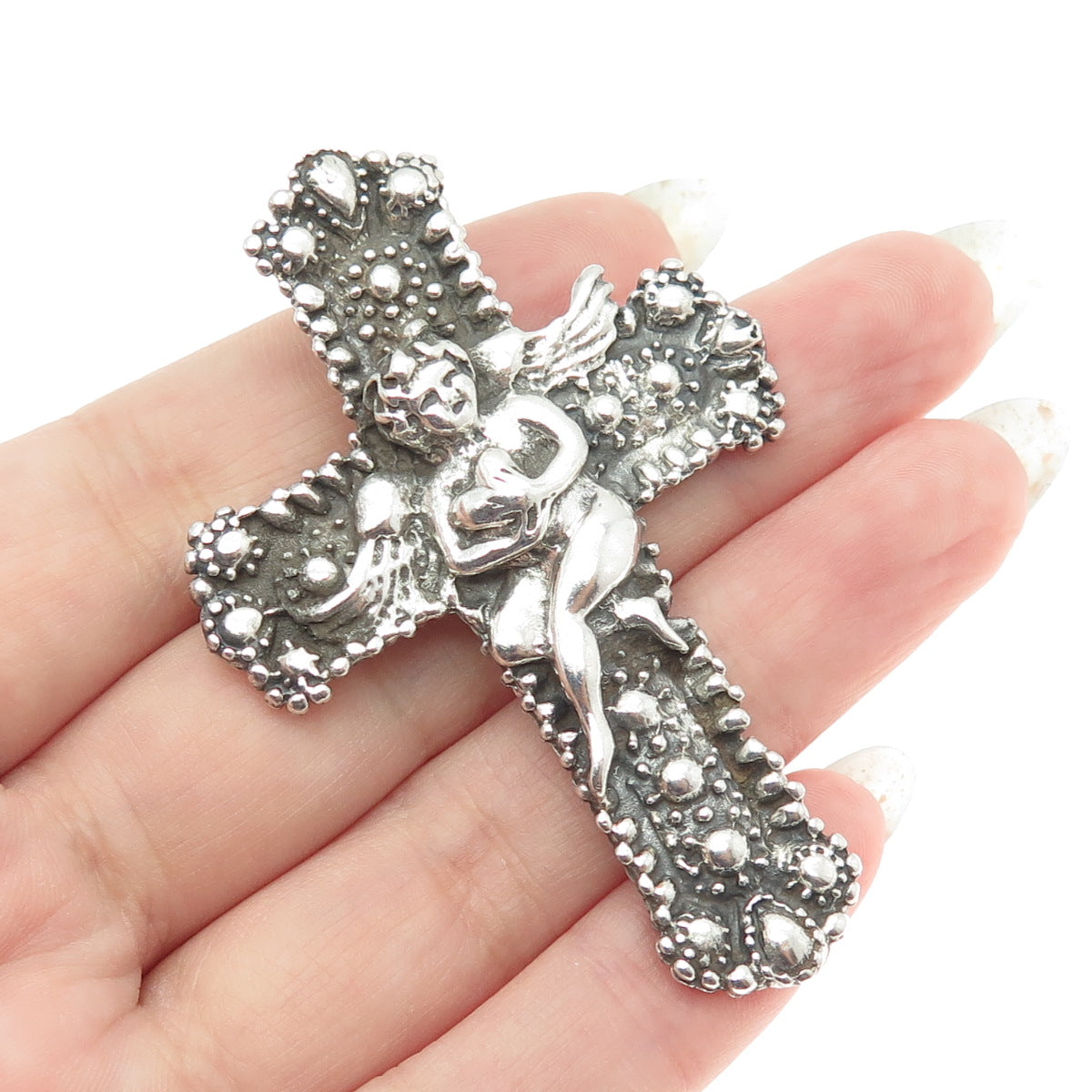 925 Sterling Silver Vintage Angel Heart Cross Pendant