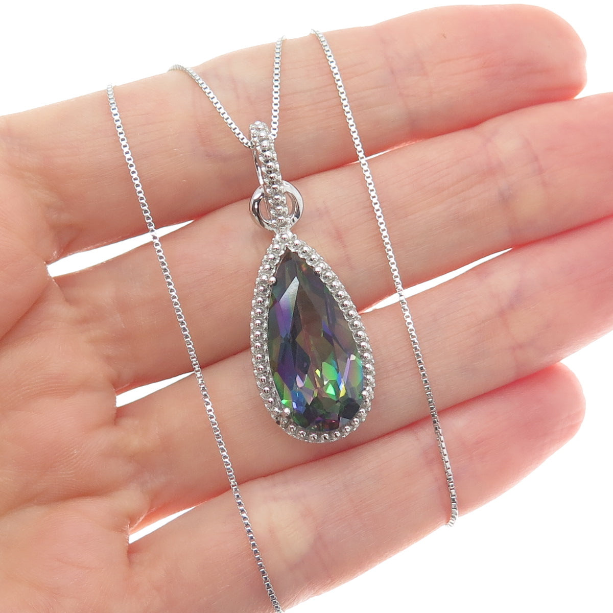 925 Sterling Silver Real Pear-Cut Mystic Quartz Box Chain Necklace 18"
