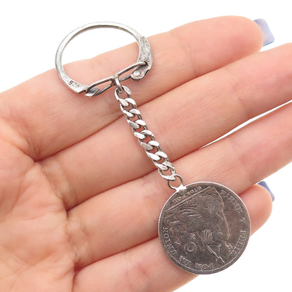 925 Sterling & 900 Coin Silver Antique 1888 Peru 1/5 Sol Key Fob Chain