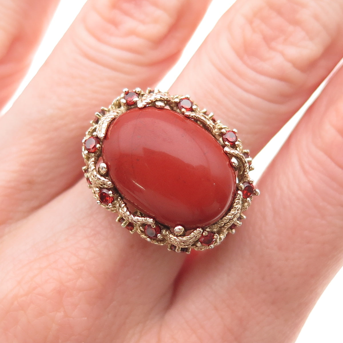 925 Sterling Silver Gold Plated Vintage Real Red Jasper & Garnet Ring Size 10