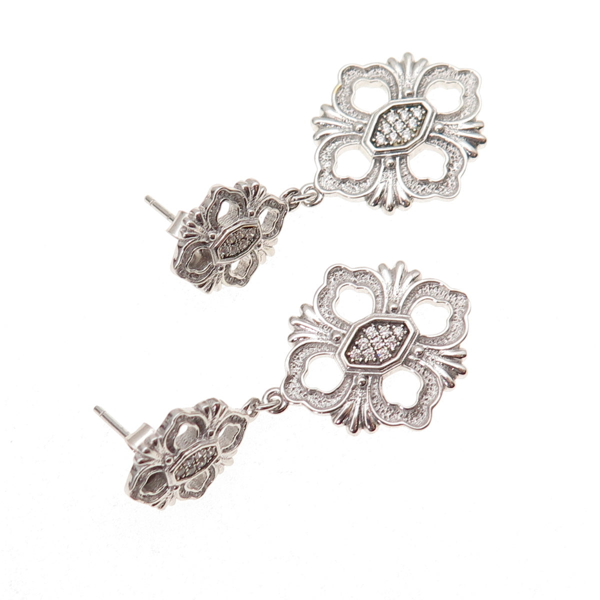 925 Sterling Silver Round-Cut C Z Floral Dangle Earrings