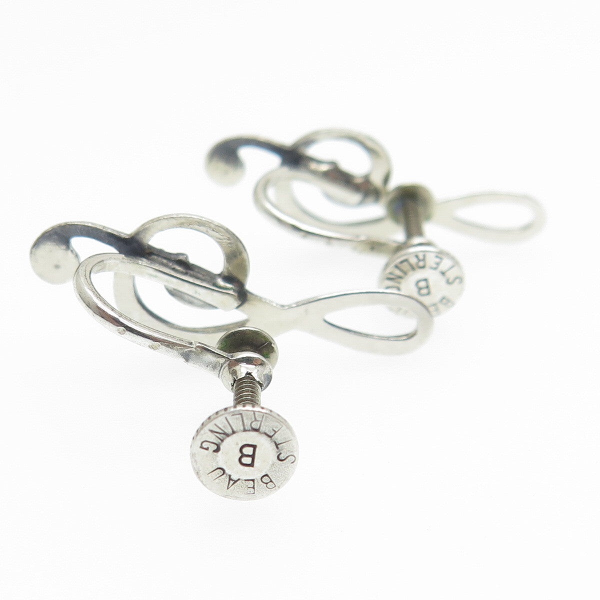 BEAU 925 Sterling Silver Antique Art Deco Treble Clef Screw Back Earrings