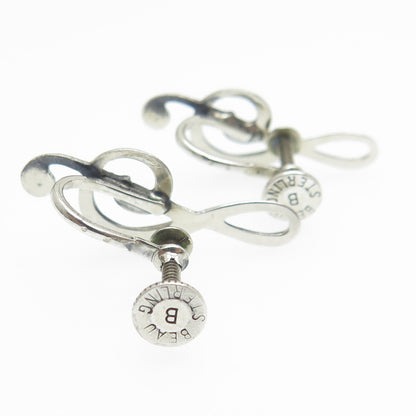 BEAU 925 Sterling Silver Antique Art Deco Treble Clef Screw Back Earrings