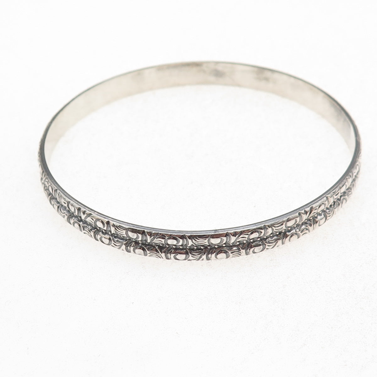 925 Sterling Silver Antique Art Deco Floral Scroll Bangle Bracelet 8.25"