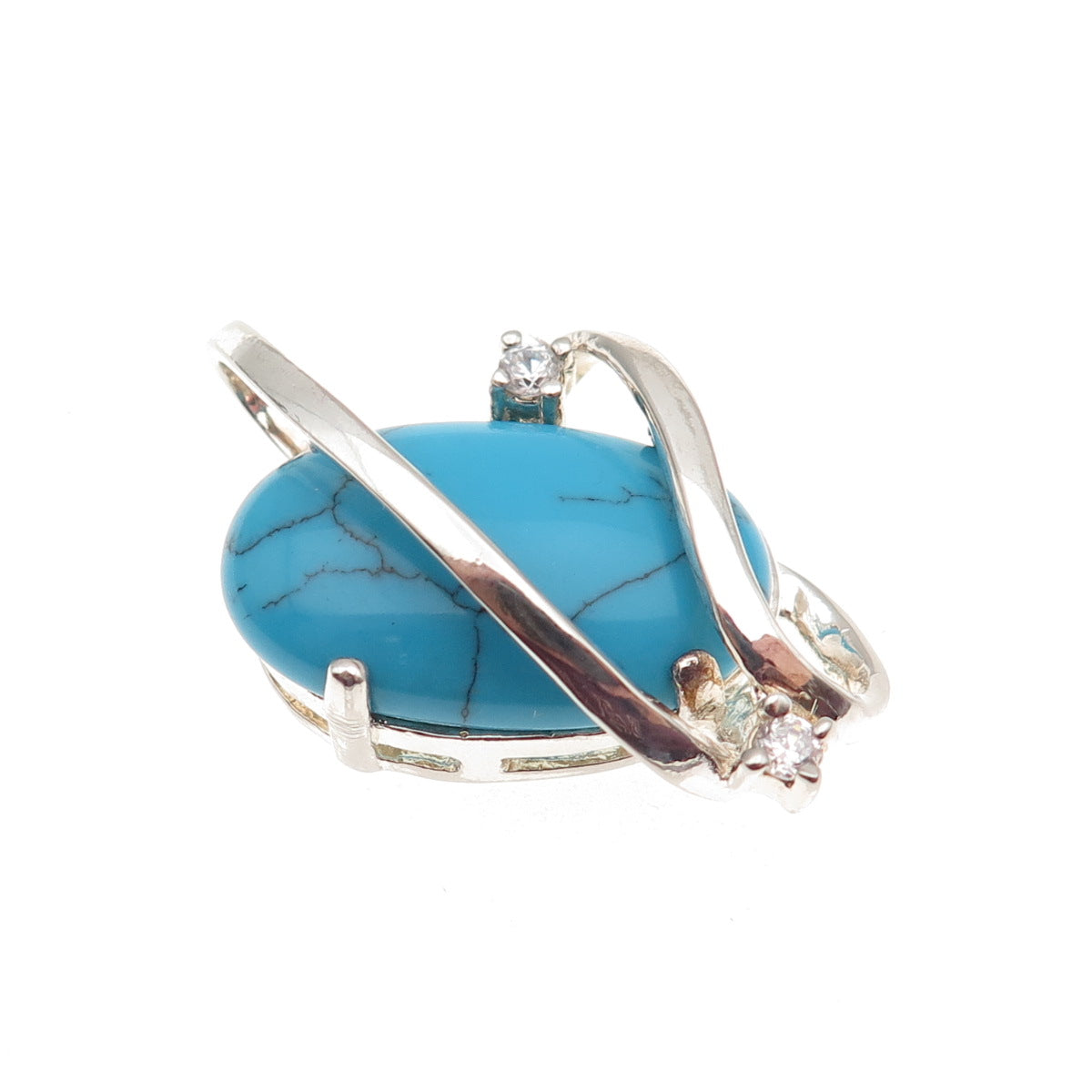 925 Sterling Silver Vintage Real Turquoise & C Z Modernist Slide Pendant