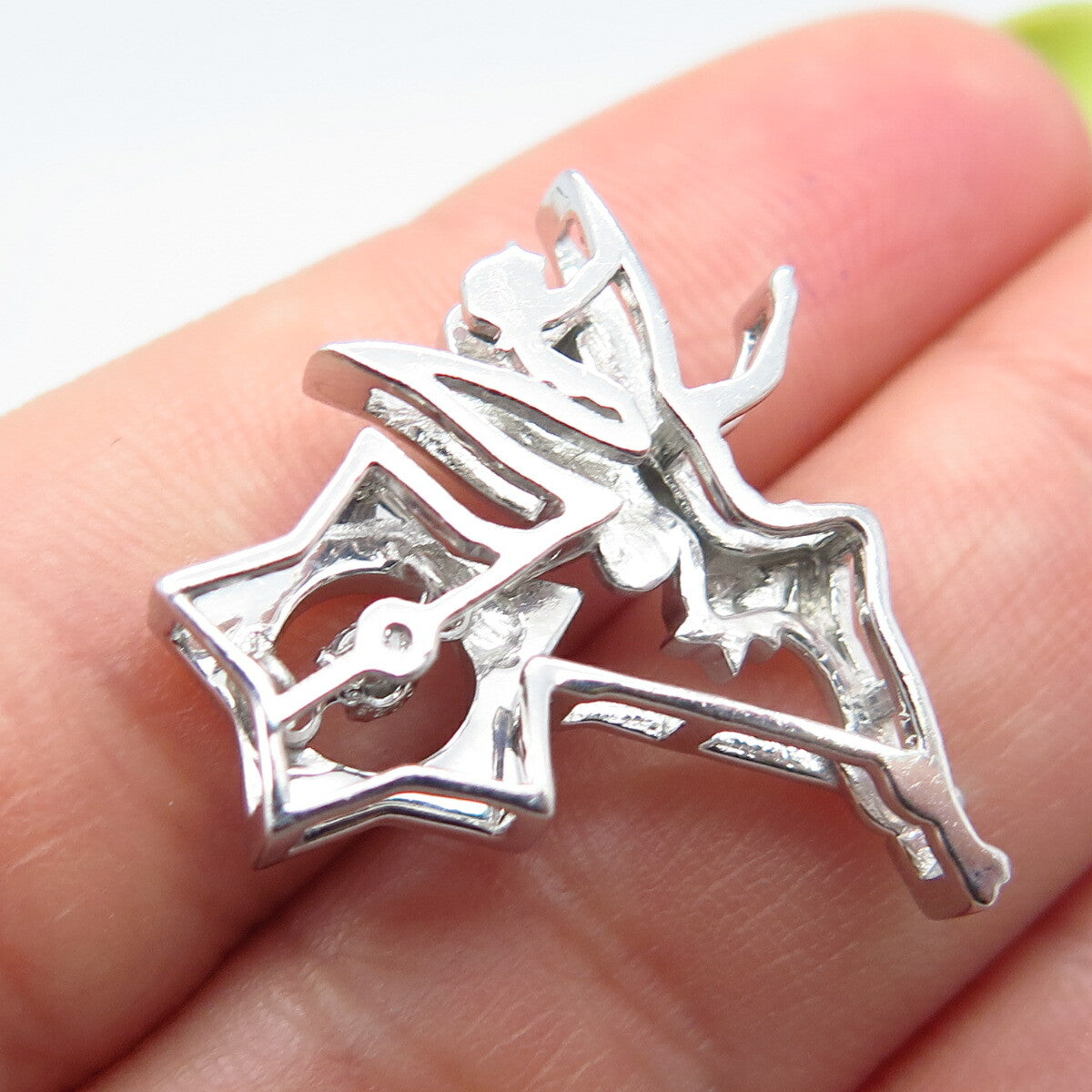 925 Sterling Silver C Z Fairy Girl w/ Magical Wand Slide Pendant