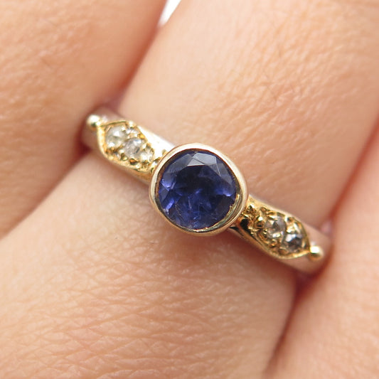 925 Sterling Silver 2-Tone Real Round-Cut Diamond & Iolite Ring Size 8