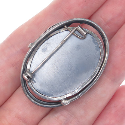 925 Sterling Silver Vintage Real Hematite Modernist Floral Leaf Pin Brooch