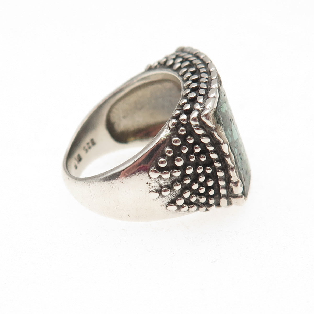 925 Sterling Silver Vintage Real Turquoise Inlay Granulated Ring Size 6.5