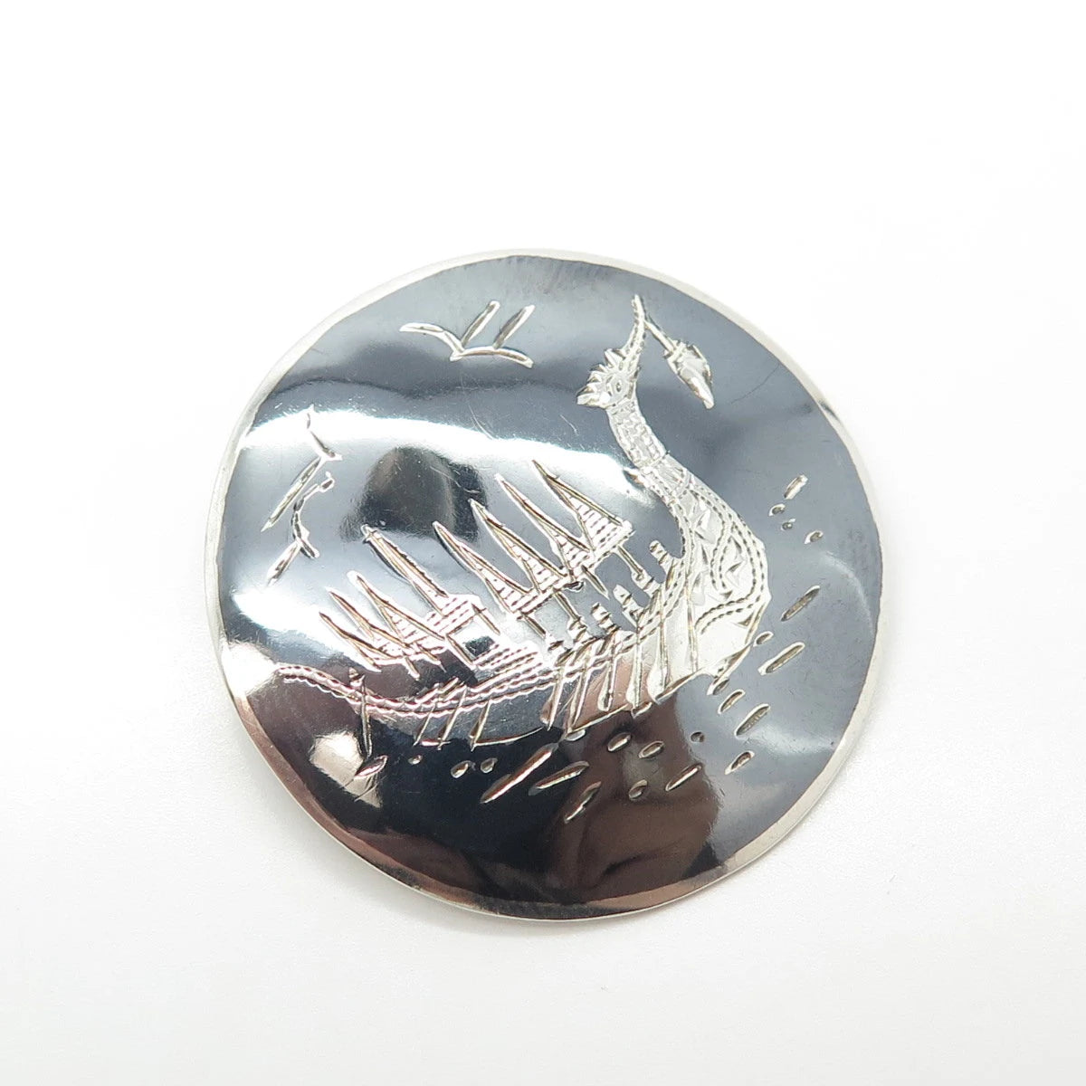 925 Sterling Silver Vintage Siam Niello Boat / Ship Round Pin Brooch