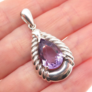 925 Sterling Silver Vintage Real Pear-Cut Amethyst Teardrop Charm Pendant
