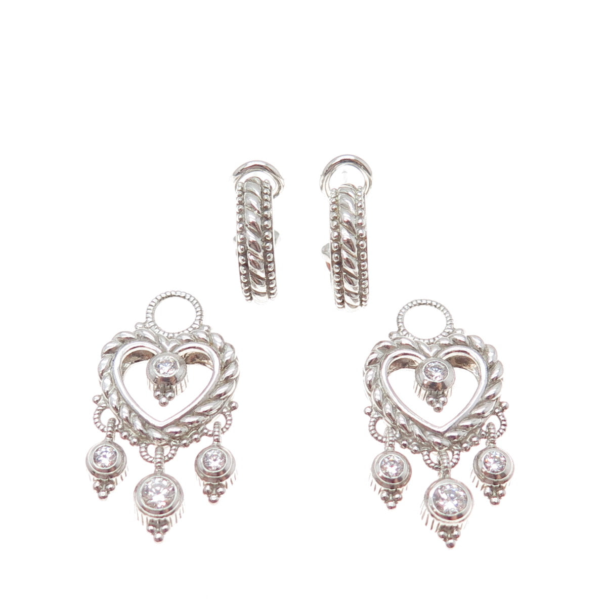 JUDITH RIPKA 925 Sterling C Z Interchangeable Heart Charm Omega Back Earrings
