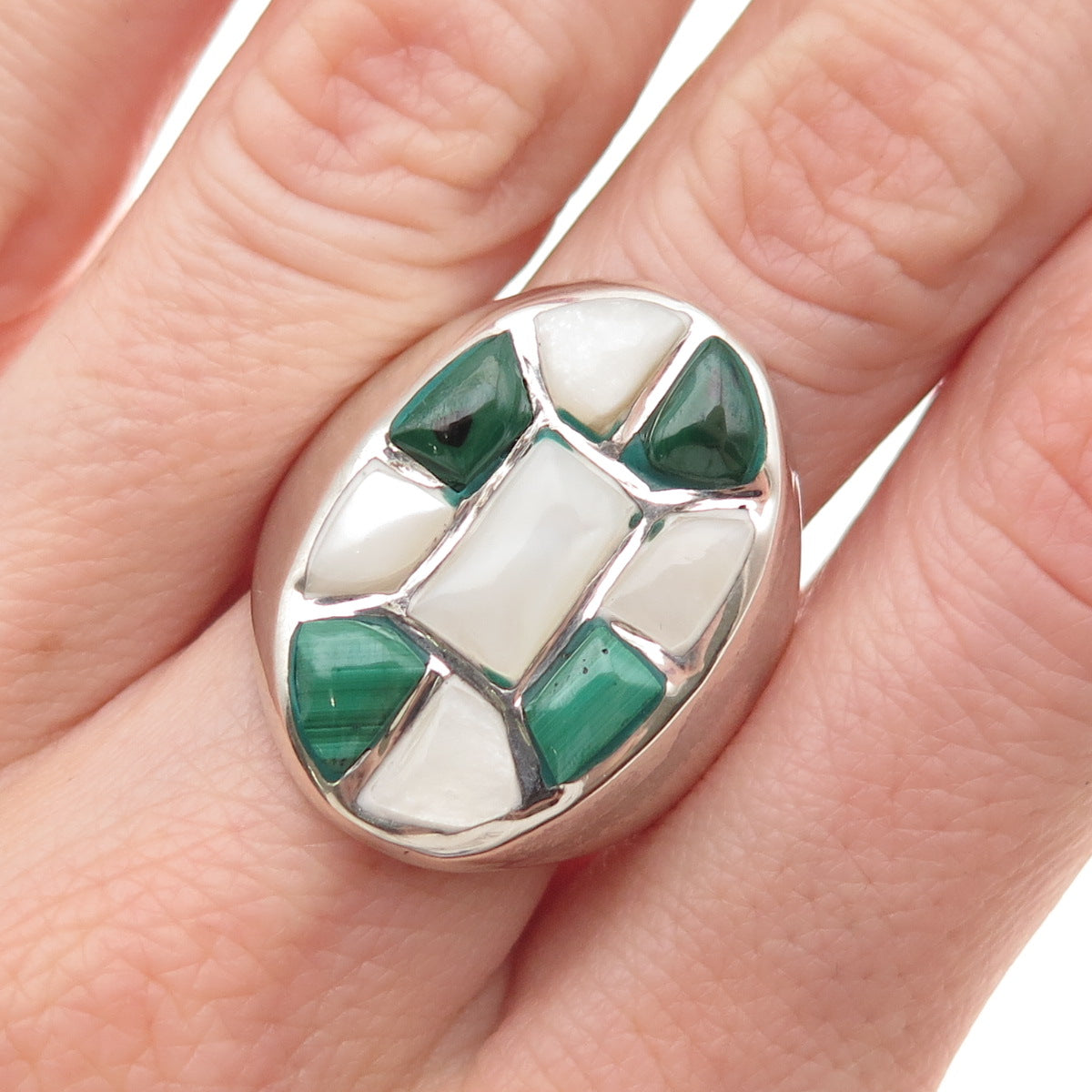 Old Pawn 925 Sterling Silver Vintage Southwestern MOP & Malachite Ring Size 10