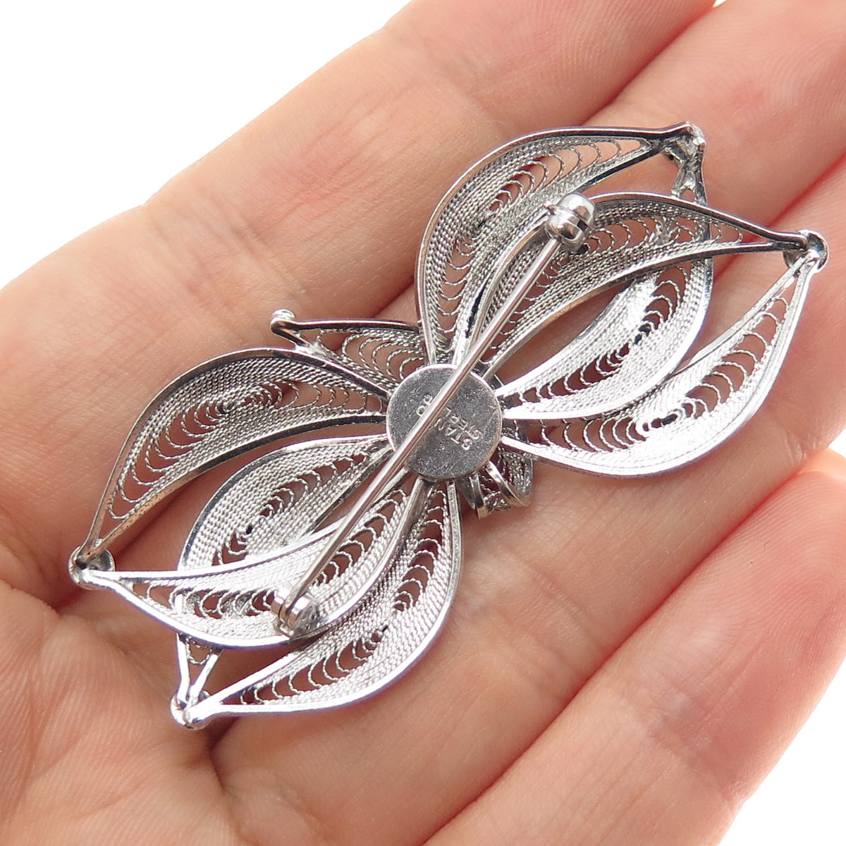 STANCO 925 Sterling Silver Vintage Floral Filigree Pin Brooch