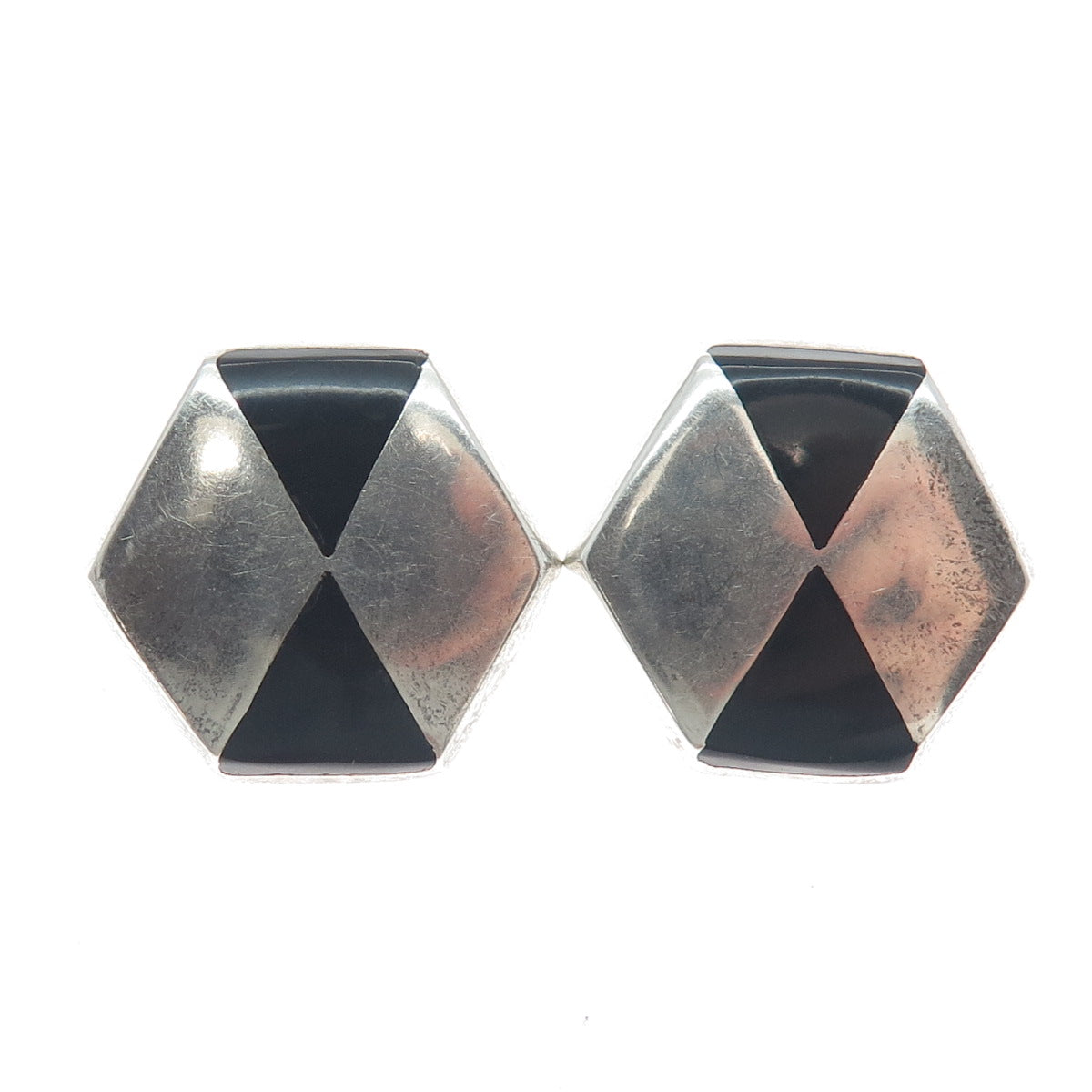 925 Sterling Silver Vintage Mexico Real Black Onyx Geometric Earrings