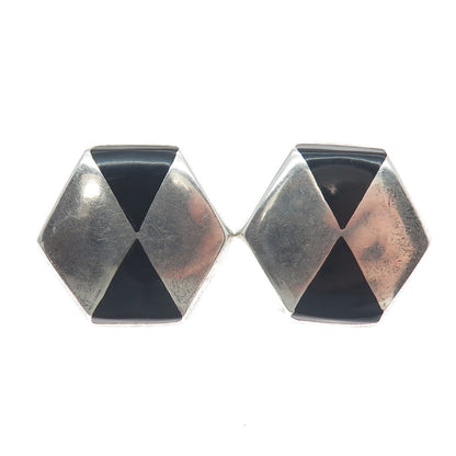 925 Sterling Silver Vintage Mexico Real Black Onyx Geometric Earrings