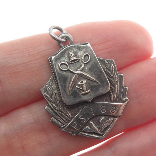 925 Sterling Antique 1943 Sewing Medal NY Public School 159 Oxidized Pendant