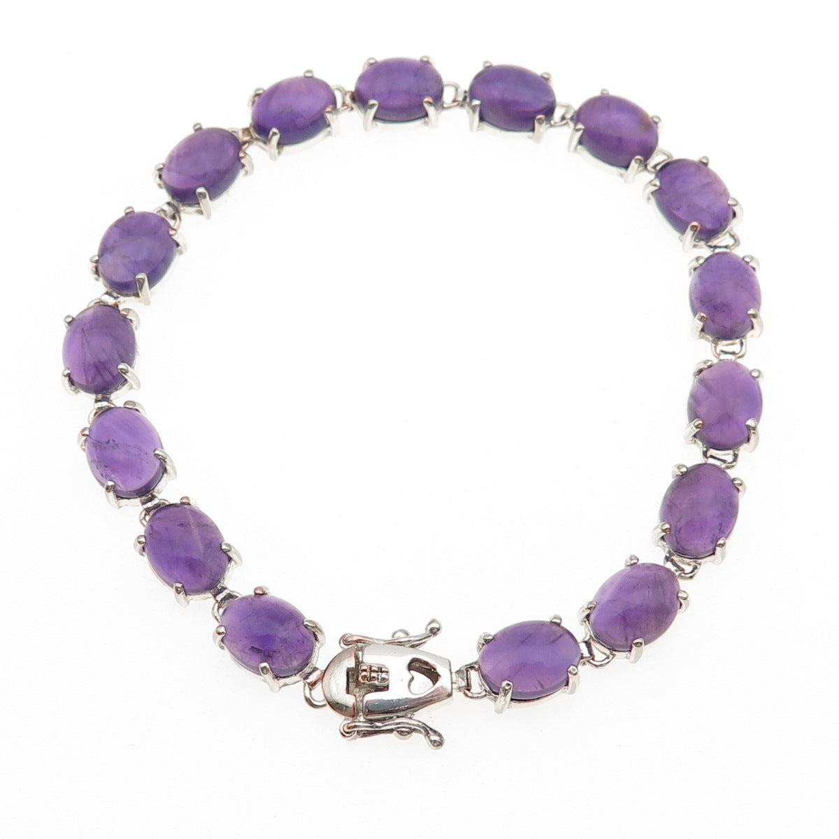925 Sterling Silver Vintage Real Cabochon Amethyst Link Bracelet 7.5"