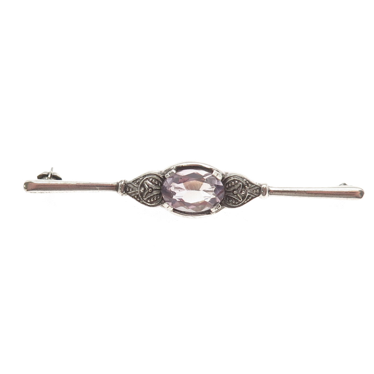 835 Silver Vintage Real Oval-Cut Amethyst Oxidized Bar Pin Brooch