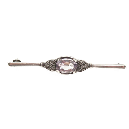 835 Silver Vintage Real Oval-Cut Amethyst Oxidized Bar Pin Brooch