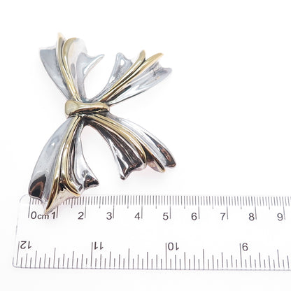 925 Sterling Silver 2-Tone Vintage JE Artisan Ribbon Bow Brooch / Slide Pendant