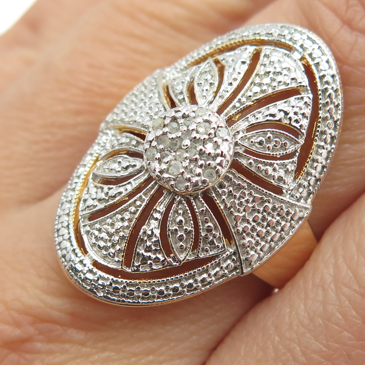 925 Sterling Silver Gold Plated Real Round-Cut Diamond Floral Ring Size 8.5