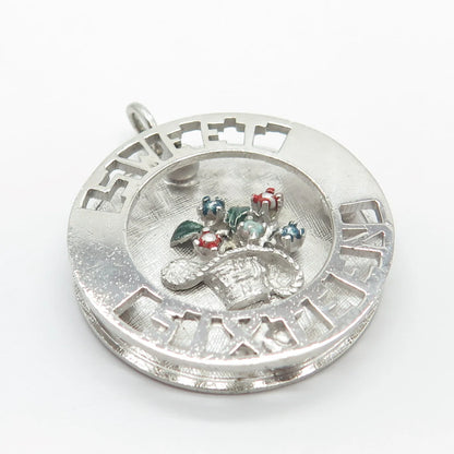 925 Sterling Silver Vintage Enamel "Sweet Sixteen" Floral Basket Round Pendant