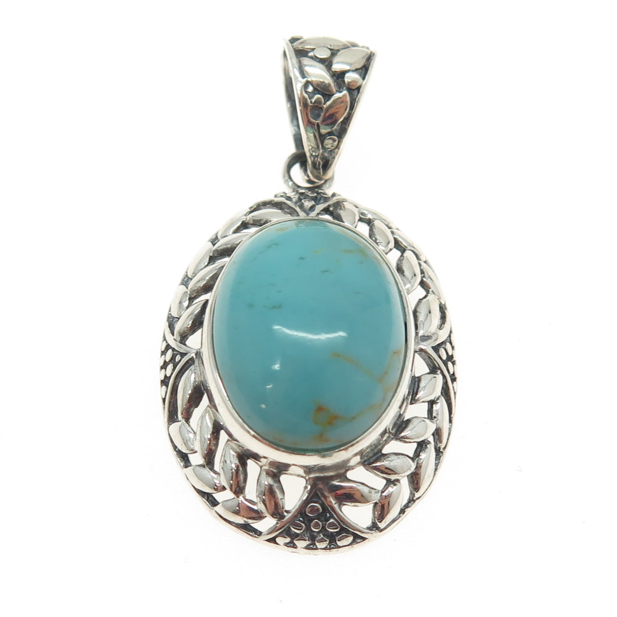 925 Sterling Silver Vintage Real Turquoise Laurel Floral Pendant