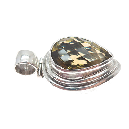 925 Sterling Silver Vintage Real Pear-Cut Smoky Quartz Teardrop Pendant